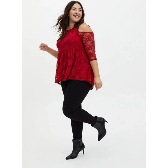 Torrid Babydoll Stretch Lace Cold Shoulder Top Biking Red Plus Size 4 4X - Picture 15 of 15